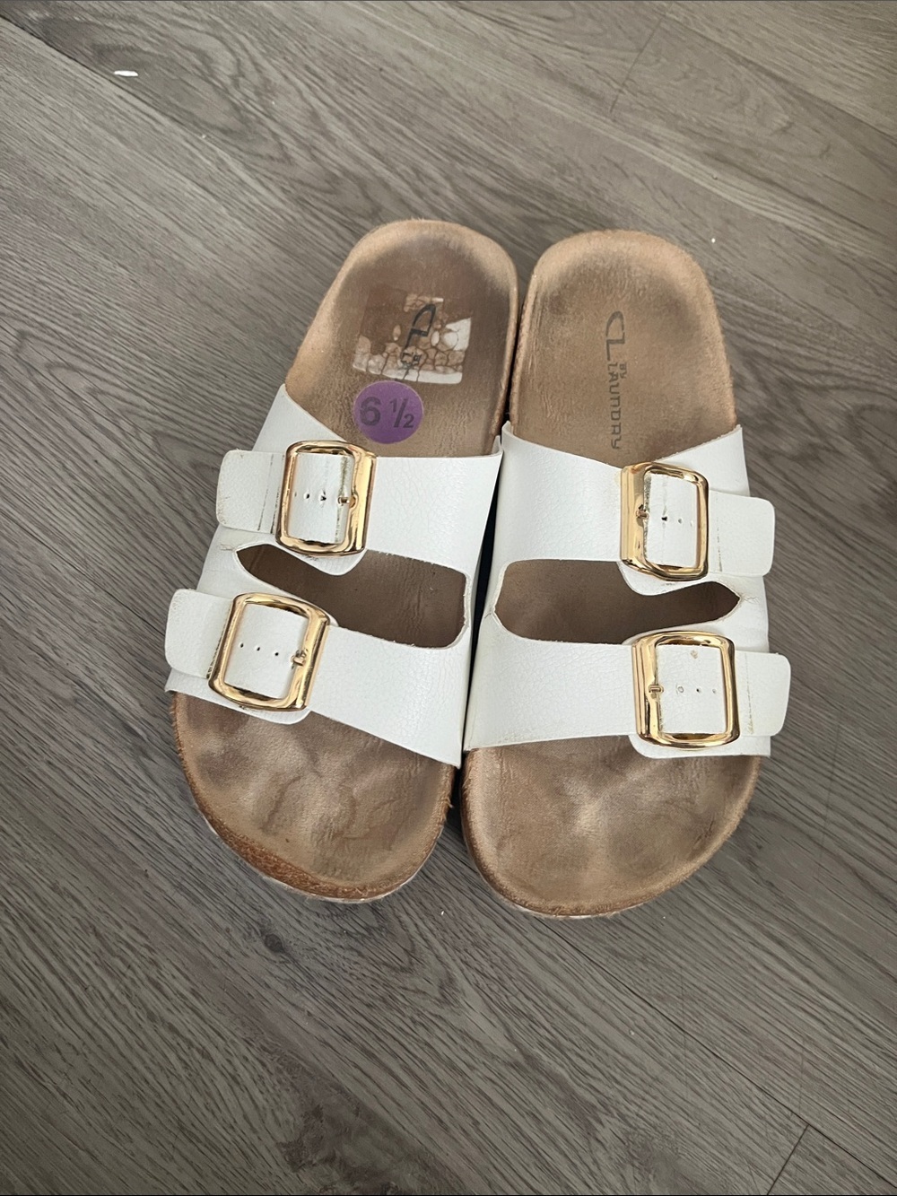 White Double Buckle Slide Sandals with Gold Hardware